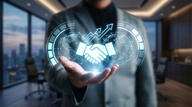 Global business handshake with virtual digital interface,network partnership and international cooperation for success in modern office - Powered by Adobe