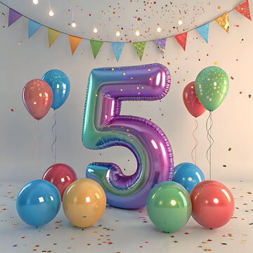 Festive number 5 with balloons for fifth joyous celebration and decoration.
