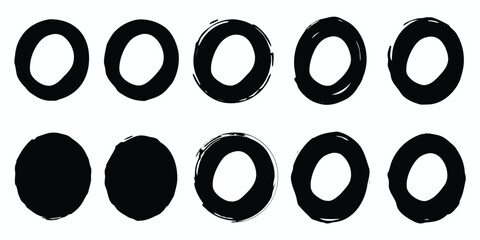 Round brush paint strokes. Black ink circles. Vector grunge calligraphic circular smears. Grungy black Chinese ink dot set. Paintbrush line border frames.
