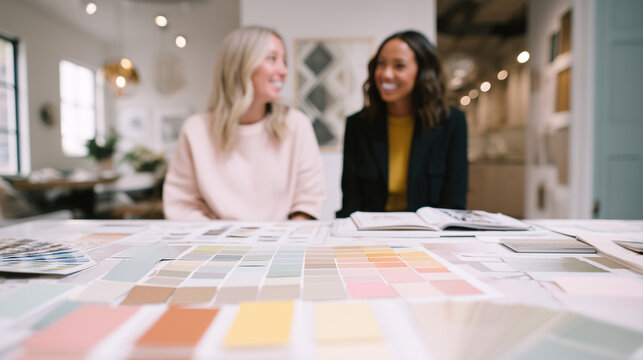 White women collaborating on interior decor ideas with color samples in a bright design studio - Powered by Adobe