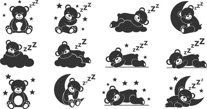 Collection of sleeping bear clipart illustrations in black and white