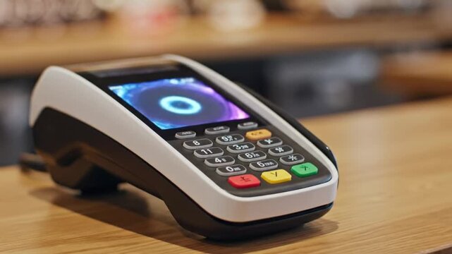Contactless payment terminal close-up with digital confirmation animation