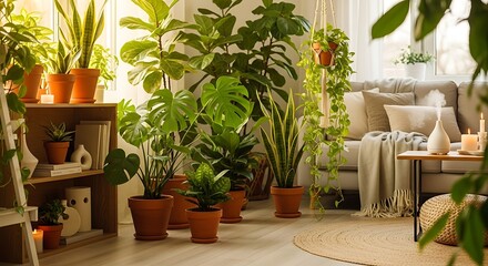 Fototapeta premium Variety of green potted plants arranged indoors with natural daylight