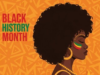 Profile of a Black woman with tribal face paint and natural afro for Black History Month, orange background with ethnic patterns.