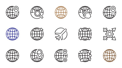 Set of globe and world map icons representing global travel exploration location searching and international concepts © Bd Artist