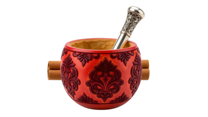 a detailed studio shot of a traditional red gourd mate cup with a silver bombilla spoon showcasing intricate carvings on transparent background high quality professional modern