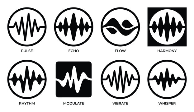 Pulse, echo, flow, harmony, rhythm, modulate, vibrate, whisper sound wave symbols, black and white icons