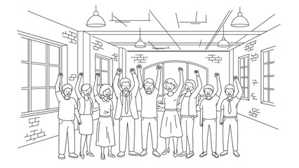 Celebratory office team in monochrome line art style with raised arms