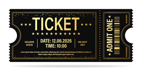 Naklejka premium Luxury ticket vector template. Vector golden tickets isolated on whithe backgound. Cinema, theater, concert, game, party, event, festival black and gold ticket.
