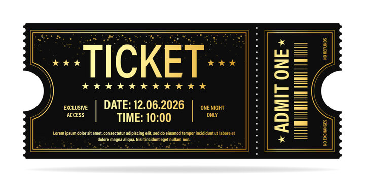 Luxury ticket vector template. Vector golden tickets isolated on whithe backgound. Cinema, theater, concert, game, party, event, festival black and gold ticket.