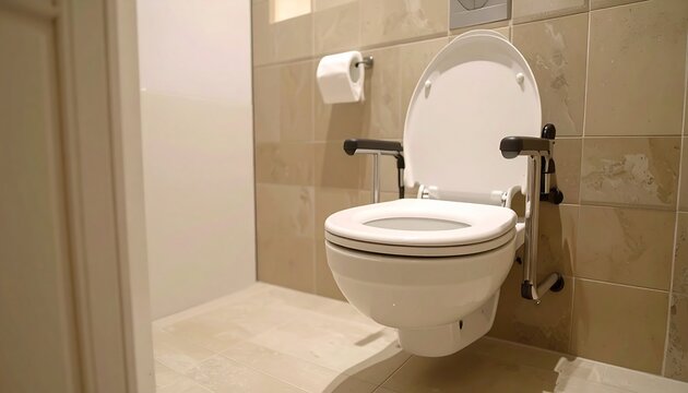 White toilet with grab bars in beige tiled bathroom