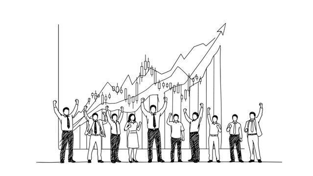 Celebrating success: linear graph with diverse team in business growth concept
