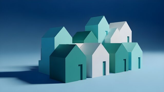Estilizadas casas azules y blancas dispuestas en fila sobre un fondo azul degradado