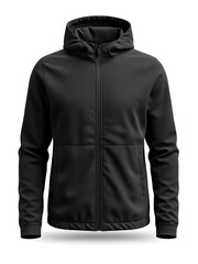Black hooded zip up jacket with long sleeves and pockets