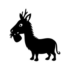 Fototapeta premium Black silhouette of a donkey carrying a bag in its mouth.
