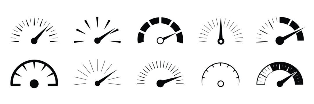 Flat dashboard gauge icons including speedometer and tachometer vectors, showcasing vehicle instrument panels, internet speed symbols, performance indicators, dashboard interface elements