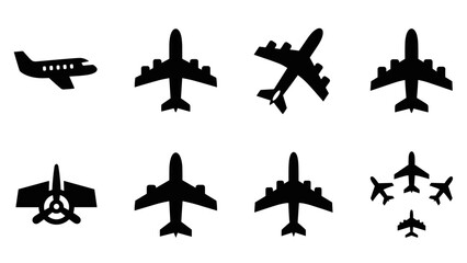 Silhouette airplane icons collection: minimalist aircraft designs for aviation themes