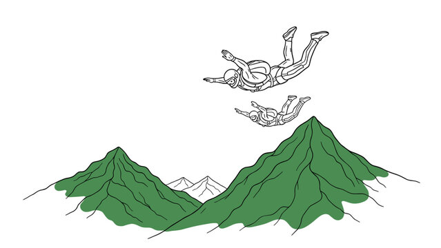 Adventurous skydiving duo over majestic green mountains in minimalist style