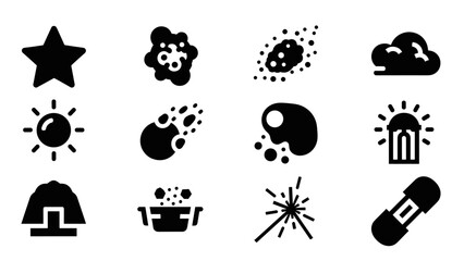 Minimalist icon set featuring science, technology, and weather symbols