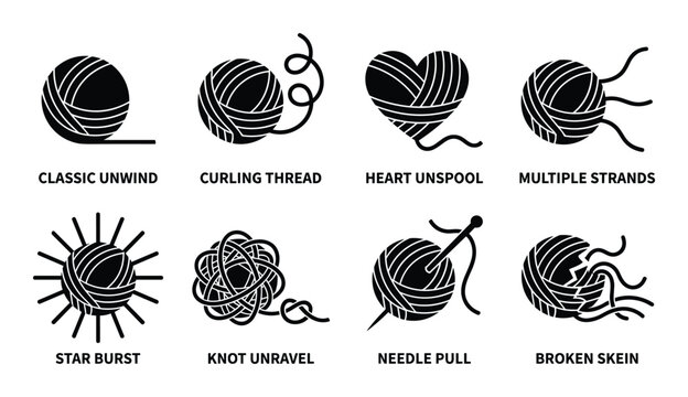 Yarn ball icon set, classic unwind, curling thread, broken skein, needle pull, star burst vector illustration