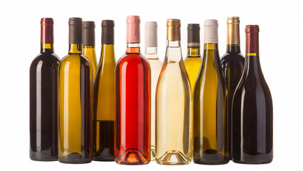 Group of Assorted Red White and Rose Wine Bottles Isolated on White Background for Alcohol Beverage Selection