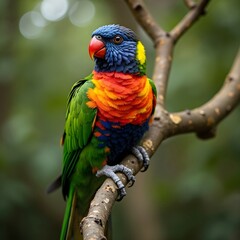 Naklejka premium Colorful lorikeet parrot perched on a tree branch, with a blurred nature background.