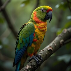 Obraz premium Colorful lorikeet parrot perched on a tree branch, with a blurred nature background.