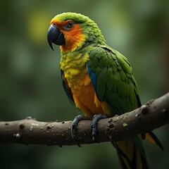 Obraz premium Colorful lorikeet parrot perched on a tree branch, with a blurred nature background.