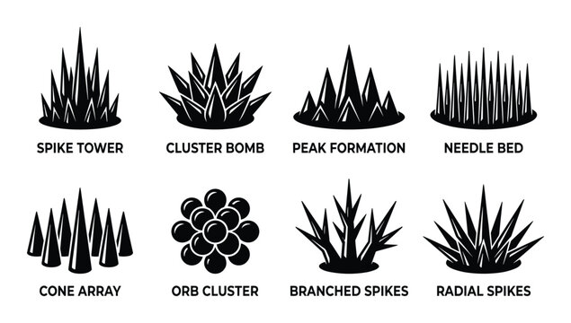 Spike Formations Vector Set, Cluster Bomb, Needle Bed, Spike Tower, Peak, Cone Array, Orb, Branched and Radial Spikes