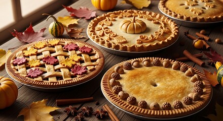 Various decorated pies on a wooden table with autumnal decorations