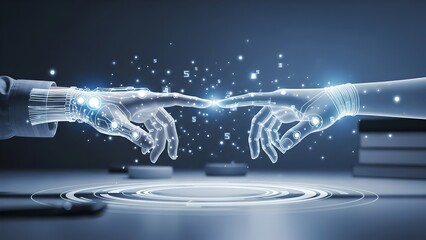 Human and robot hands touching in futuristic digital space, artificial intelligence connection, advanced technology interface, innovation concept, human machine collaboration, science and future devel