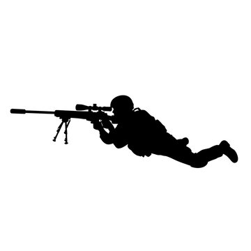 Silhouette of a soldier aiming a sniper rifle in a prone position.
