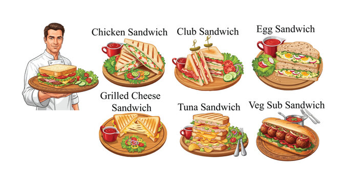 A professional chef presenting a delicious assortment of gourmet sandwiches and subs. Food vector Icons Set.