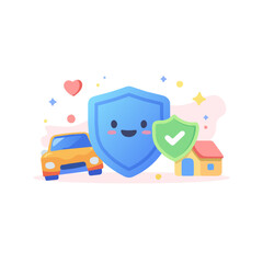 Insurance Protection Icon Cute Flat Vector Illustration. Safety Shield For Home And Car Coverage.