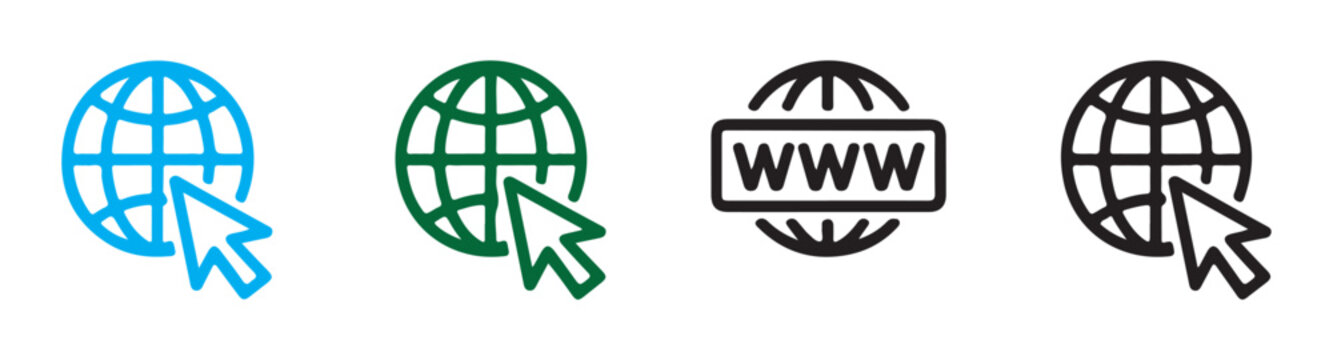 Globe and cursor icons set in blue green www and black styles for web internet browsing