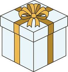 Light blue gift box with gold ribbon and bow on a white background present surprise