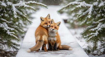 Obraz premium Two red foxes are hugging on a snowy wooden surface, surrounded by pine branches covered with snow, representing affection, friendship and winter season