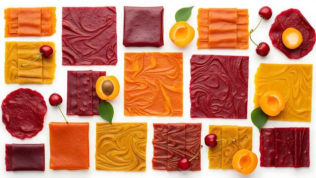 Overhead Grid Flat Lay Composition of Colorful Multi-Flavor Fruit Leather Squares and Fresh Apricot Halves and Cherries on White Background, Healthy Dehydrated Fruit Snack Assortment for Kids Lunchbox
