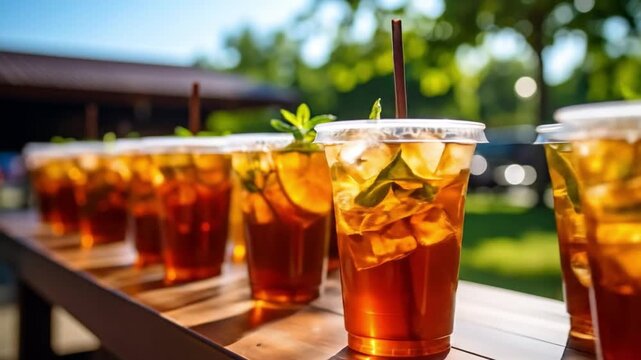 Close up of iced drinks arranged on a wooden surface outdoors under sunlight