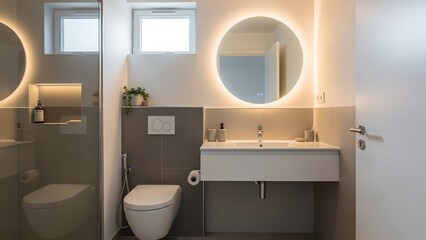 Modern bathroom interior with round mirror, wall mounted vanity, toilet, soft lighting, neutral tiles, minimalist design, clean residential space, contemporary home decor concept