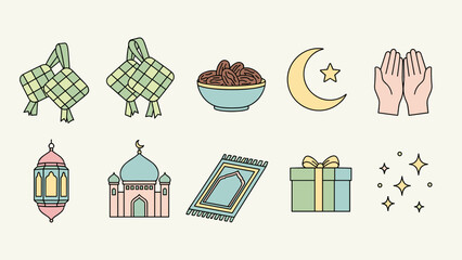 Colorful flat design vector icons for Islamic holiday celebrations. Essential elements of Eid al-Fitr and Ramadan, featuring traditional symbols like mosque, dates, and gifts
