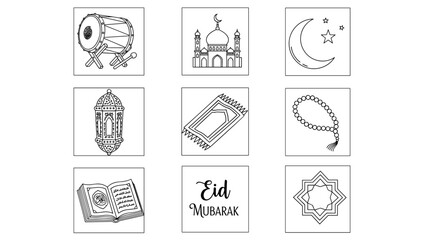 Minimalist outline icons representing a diverse range of Islamic religious symbols and cultural items, ideal for conveying the essence of festive and spiritual observances