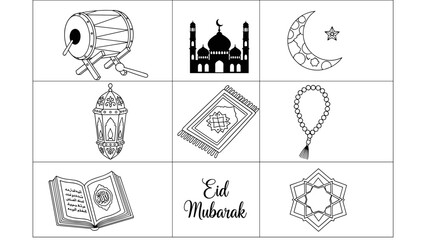 Elegant Monochrome Line Art Collection Showcasing Islamic Cultural Symbols and Festive Elements, Perfect for Eid Mubarak Celebrations and Spiritual Observances