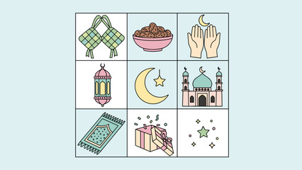 Vibrant flat vector icons representing Islamic cultural traditions and festive symbols for Ramadan and Eid al-Fitr celebrations