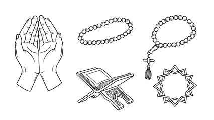 Illustrative set of essential Islamic spiritual symbols, featuring praying hands, sacred Quran, and devout prayer beads, perfect for religious and cultural designs