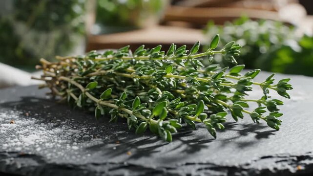 Close Up Of Fresh Thyme Sprigs On Slate Board, Perfect For Culinary And Herbal Themes