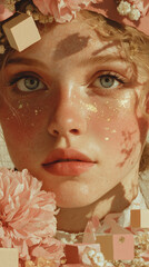 Artistic portrait of woman with glowing skin, pastel colors, flowers and geometric shapes in gentle beauty aesthetic
