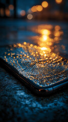 Broken smartphone lying on wet pavement at night, glowing city reflections, dramatic mood, rain, vulnerability, modern technology
