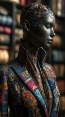 Futuristic portrait of woman with metallic skin and floral patterns, wearing fashion jacket, dark artistic atmosphere, concept

