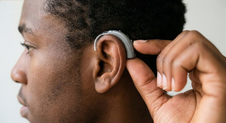 Macro shot of young black man ear adjusting modern sleek hearing aid device
